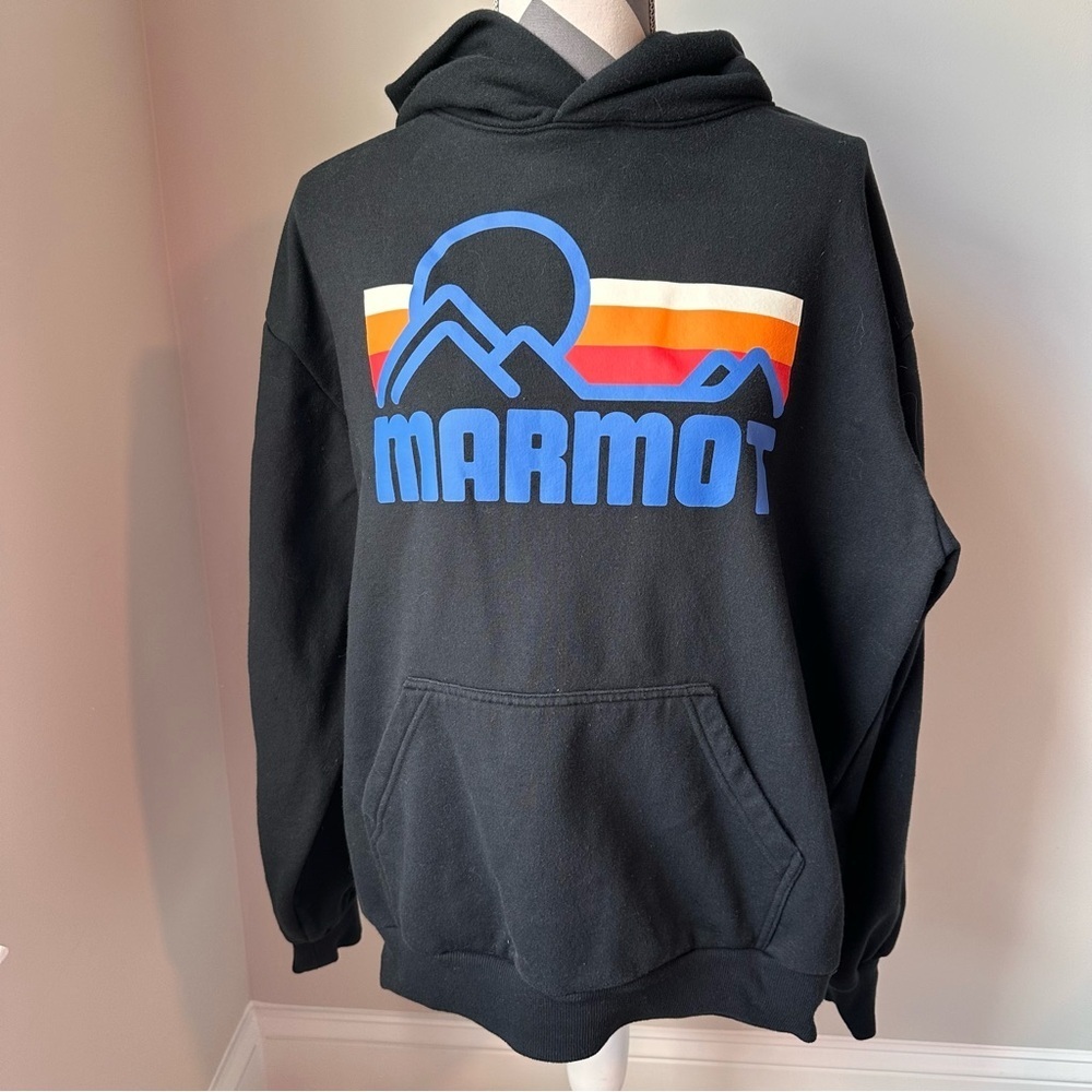 Marmot Coastal Logo Graphic Hoodie Large Black Fleece Pullover Outdoors EUC